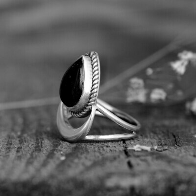 Crescent Moon Ring, Black Tourmaline Ring, Sterling Silver Ring for Women, Celestial Witch Jewelry, Teardrop Ring, Statement Boho Jewelry