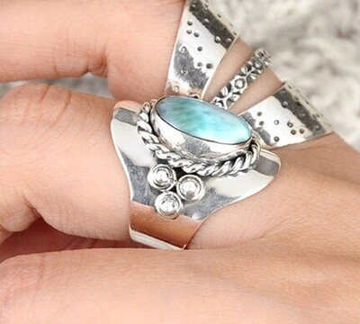 Larimar Ring, Sterling Silver Ring for Women, Boho Statement Ring, Large Stone Ring, Gemstone Ring, Bohemian Jewelry
