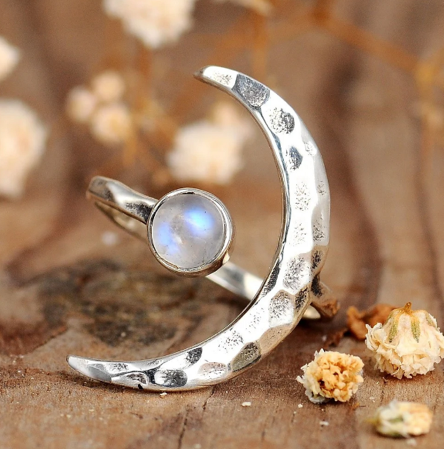 Crescent Moon Ring, Rainbow Moonstone Ring, Adjustable Boho Sterling Silver Ring for Women, Stone Gemstone, Statement Celestial Jewelry
