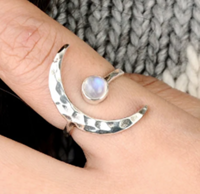 Crescent Moon Ring, Rainbow Moonstone Ring, Adjustable Boho Sterling Silver Ring for Women, Stone Gemstone, Statement Celestial Jewelry