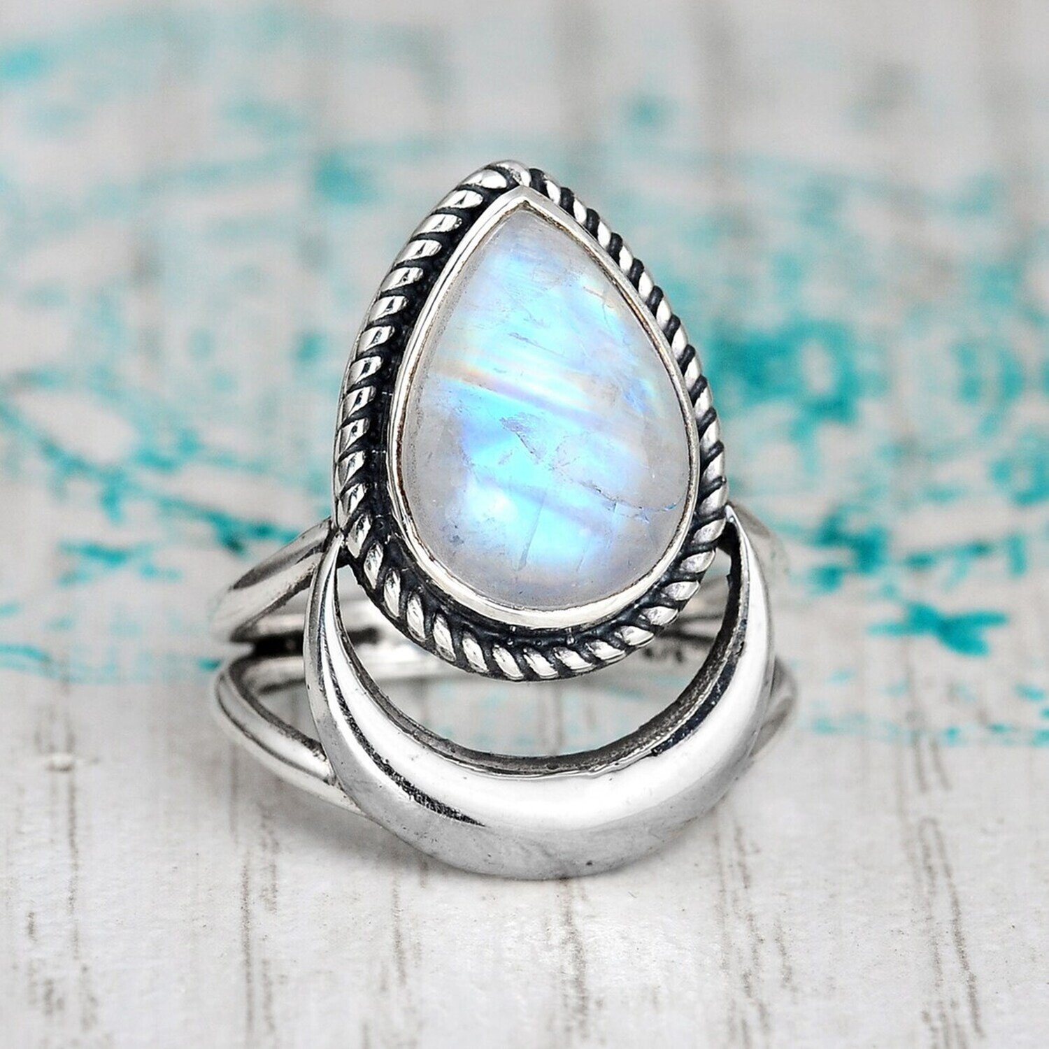 Crescent Moon Ring, Rainbow Moonstone Ring, Boho Sterling Silver Ring for Women, Celestial Jewelry, Teardrop Ring, Statement Stone Gemstone