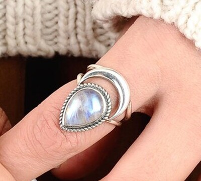Crescent Moon Ring, Rainbow Moonstone Ring, Boho Sterling Silver Ring for Women, Celestial Jewelry, Teardrop Ring, Statement Stone Gemstone