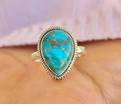 Natural Turquoise Ring, Silver Turquoise Ring, Copper Turquoise Ring, Teardrop Turquoise Ring, Turquoise Ring, Valentines Day Gift For Her