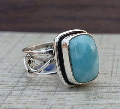 Natural Larimar Square Gemstone Ring, 925 Sterling Silver Ring, Handmade Ring,Gift For Her, Spilt Band Gemstone Ring, Blue Larimar Gemstone,