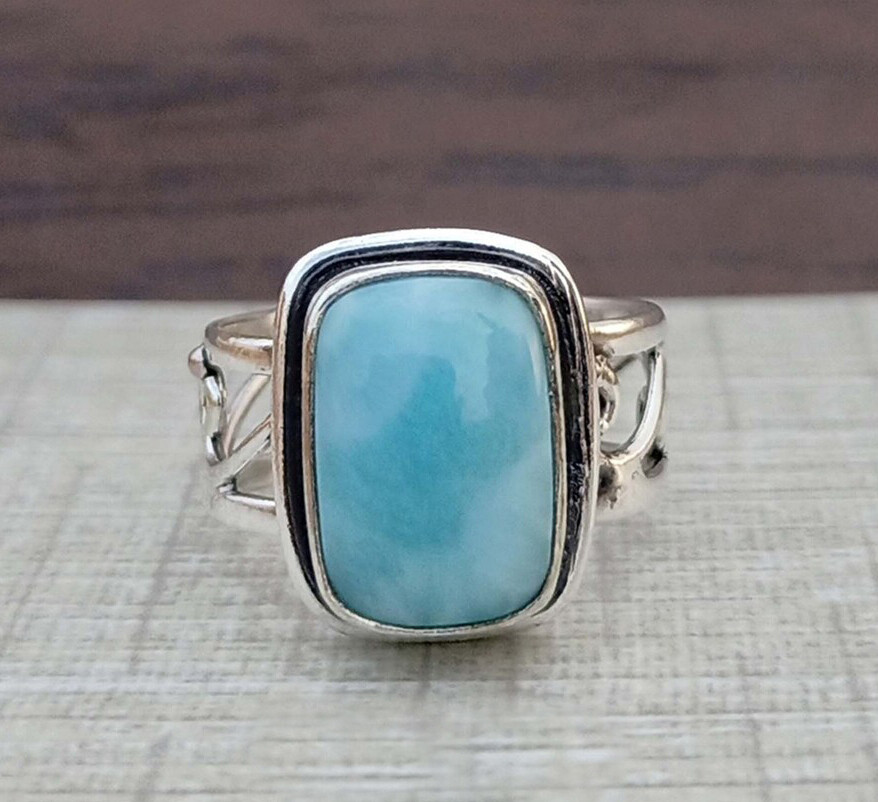 Natural Larimar Square Gemstone Ring, 925 Sterling Silver Ring, Handmade Ring,Gift For Her, Spilt Band Gemstone Ring, Blue Larimar Gemstone,