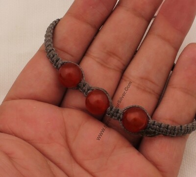 Red Stone Ball Beads Adjustable Bracelet For Men &amp; Women, Handmade Macrame Grey Thread Roped Fancy Bracelet Gifts For Friends Birthday Idea
