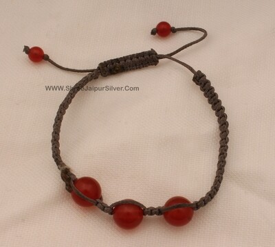 Red Stone Ball Beads Adjustable Bracelet For Men &amp; Women, Handmade Macrame Grey Thread Roped Fancy Bracelet Gifts For Friends Birthday Idea