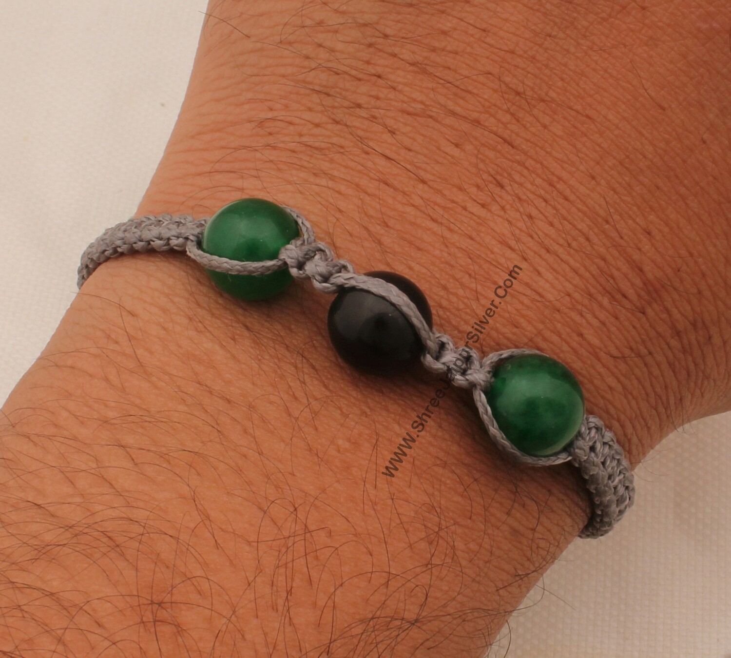 Green Black Ball Beads Adjustable Bracelet For Men &amp; Women, Handmade Macrame Grey Thread Roped Fancy Bracelet Gifts For Friend Birthday Idea