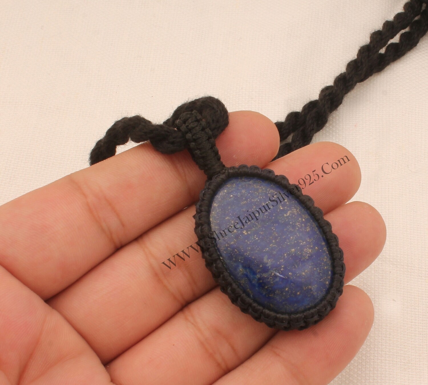 Lapis Lazuli Macramé Pendant Necklace Gifts For Her, Handmade Gemstone Macramé Jewelry Gifts Idea, Black Thread Oval Stone Bohemian Necklace