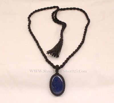 Lapis Lazuli Macramé Pendant Necklace Gifts For Her, Handmade Gemstone Macramé Jewelry Gifts Idea, Black Thread Oval Stone Bohemian Necklace