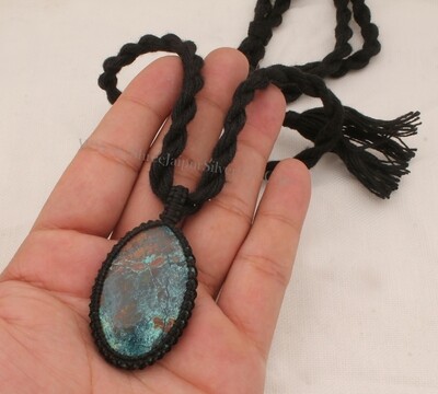 Chrysocolla Macrame Pendant Necklace Gifts For Her, Handmade Gemstone Macrame Jewelry Gifts Idea, Black Thread Oval Stone Bohemian Necklace