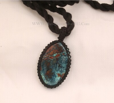 Chrysocolla Macrame Pendant Necklace Gifts For Her, Handmade Gemstone Macrame Jewelry Gifts Idea, Black Thread Oval Stone Bohemian Necklace