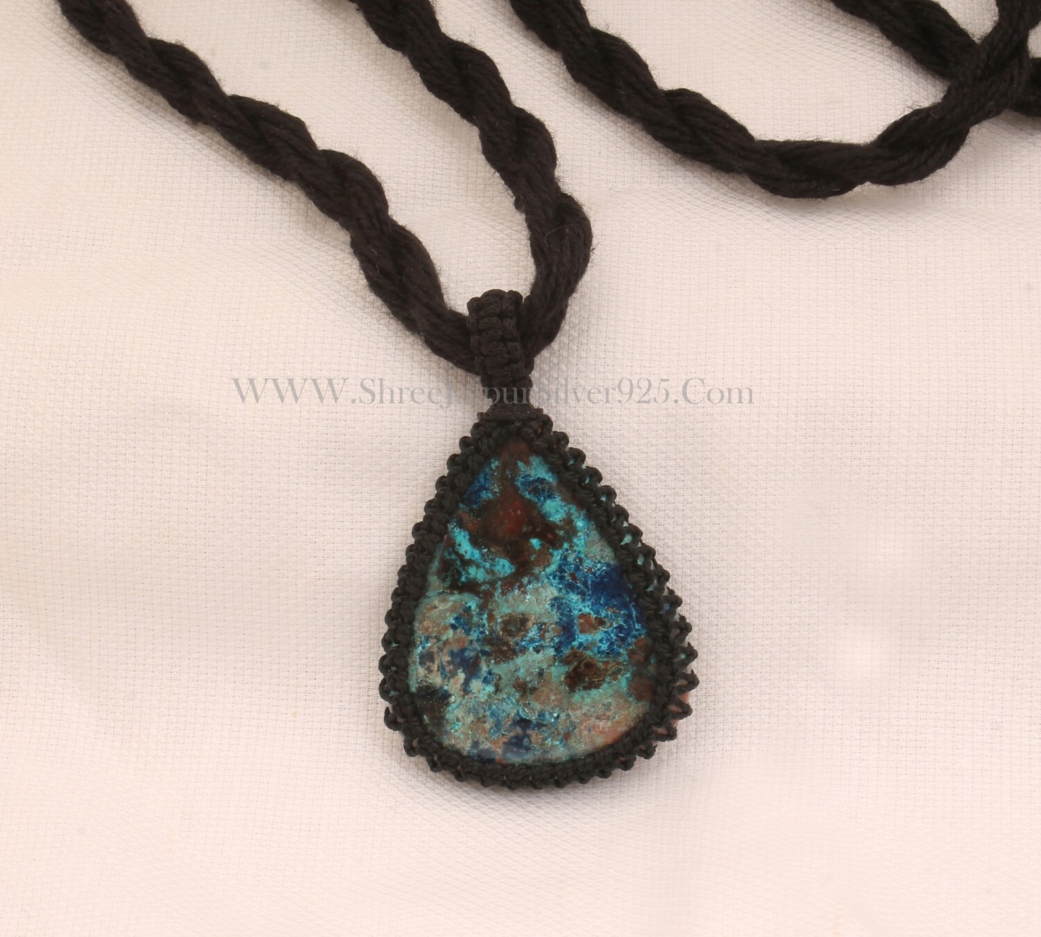 Chrysocolla Macrame Pendant Necklace Gifts For Her, Handmade Gemstone Macrame Jewelry Gifts Idea, Black Thread Pear Stone Bohemian Necklace