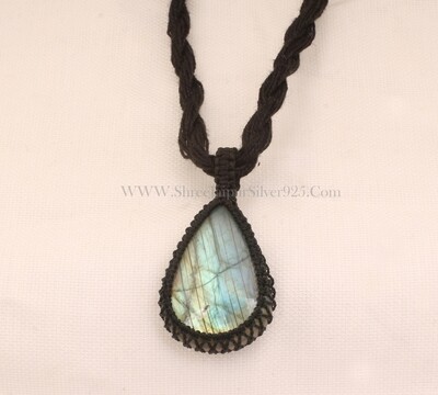 Labradorite Flashy Gemstone Pendant Necklace Gifts For Her, Handmade Gemstone Labradorite Jewelry Gift Black Thread Pear Bohemian Necklace