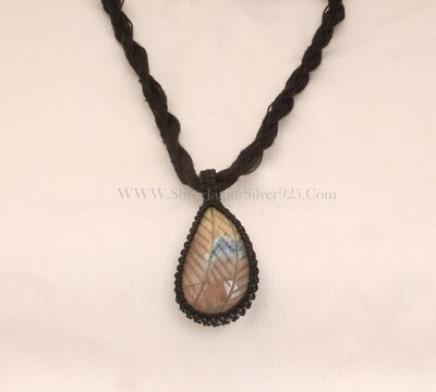 Carving Labradorite Flashy Gemstone Pendant Necklace Gifts For Her, Handmade Gemstone Jewelry Gift Black Thread Pear Bohemian Necklace