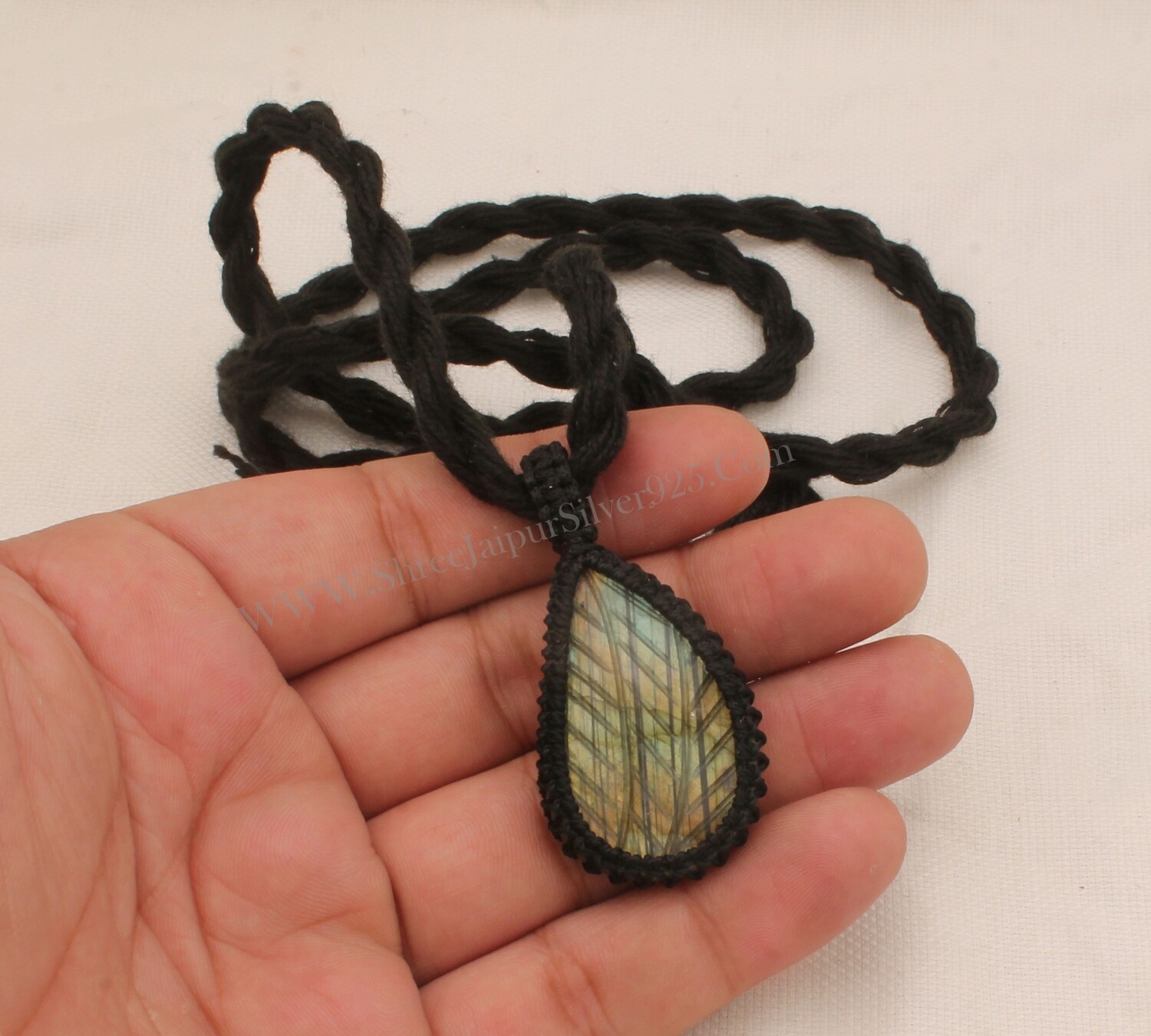 Carving Labradorite Flashy Gemstone Pendant Necklace Gifts For Her Handmade Gemstone Jewelry Gift Black Thread Pear Bohemian Necklace Gift
