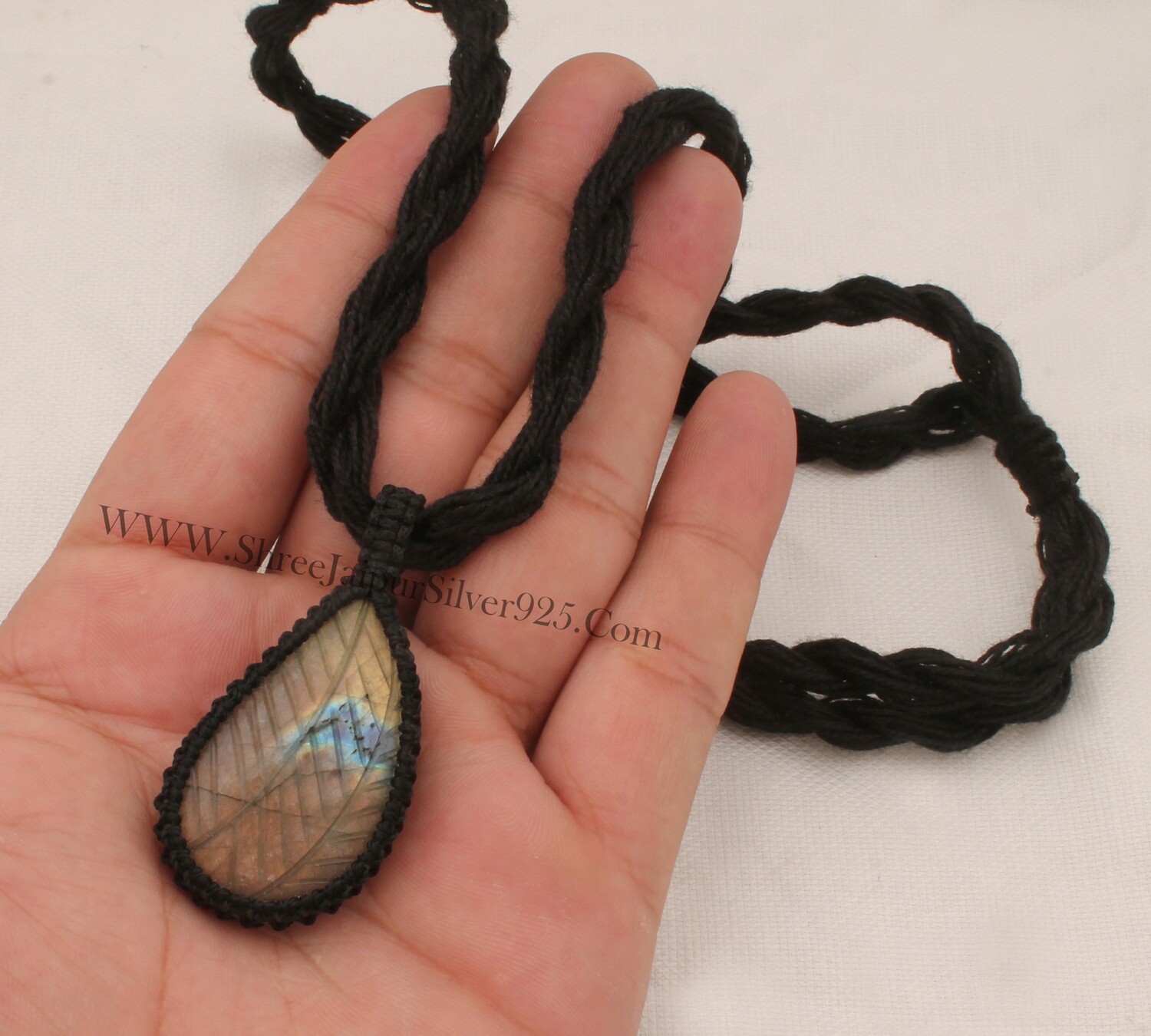 Carving Labradorite Flashy Gemstone Pendant Necklace Gifts For Her, Handmade Gemstone Jewelry Gift Black Thread Pear Bohemian Necklace
