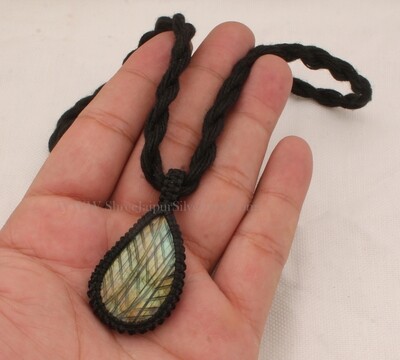 Carving Labradorite Flashy Gemstone Pendant Necklace Gifts For Her Handmade Gemstone Jewelry Gift Black Thread Pear Bohemian Necklace Gift
