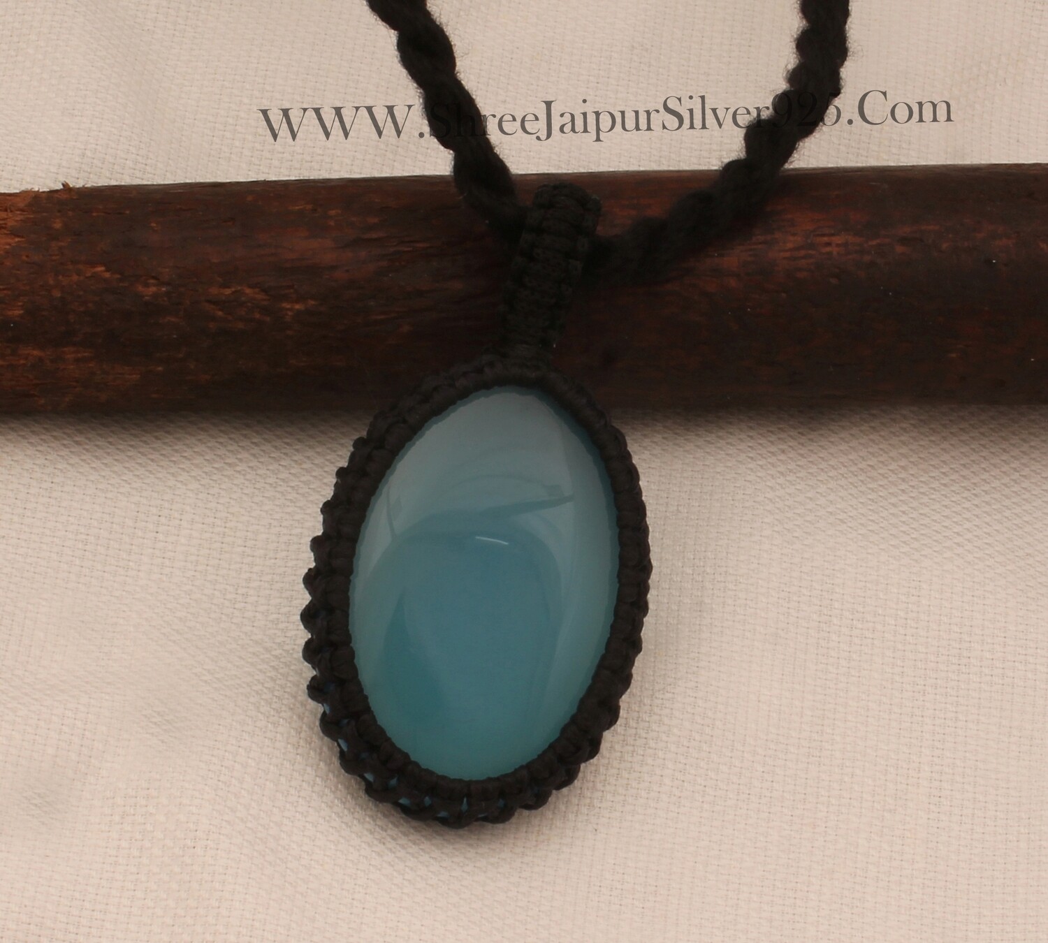 Blue Chalcedony Macrame Pendant Necklace Gifts For Her, Handmade Gemstone Macrame Jewelry Gifts Idea, Black Thread Stone Bohemian Necklace