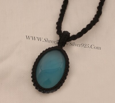 Blue Chalcedony Macrame Pendant Necklace Gifts For Her, Handmade Gemstone Macrame Jewelry Gifts Idea, Black Thread Stone Bohemian Necklace