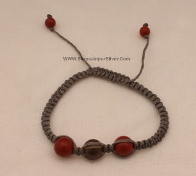 Red Smoky Ball Beads Adjustable Bracelet For Men &amp; Women, Handmade Macrame Grey Thread Roped Fancy Bracelet Gifts For Friends Birthday Idea