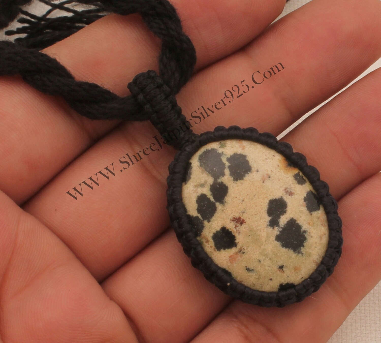 Dalmatian Jasper Macrame Pendant Necklace Gifts For Her, Handmade Gemstone Macrame Jewelry Gifts Idea, Black Thread Stone Bohemian Necklace