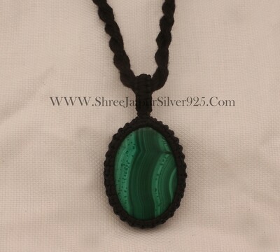 Malachite Macramé Pendant Necklace Gifts For Her, Handmade Gemstone Macramé Jewelry Gifts Idea, Green Thread Oval Stone Bohemian Necklace