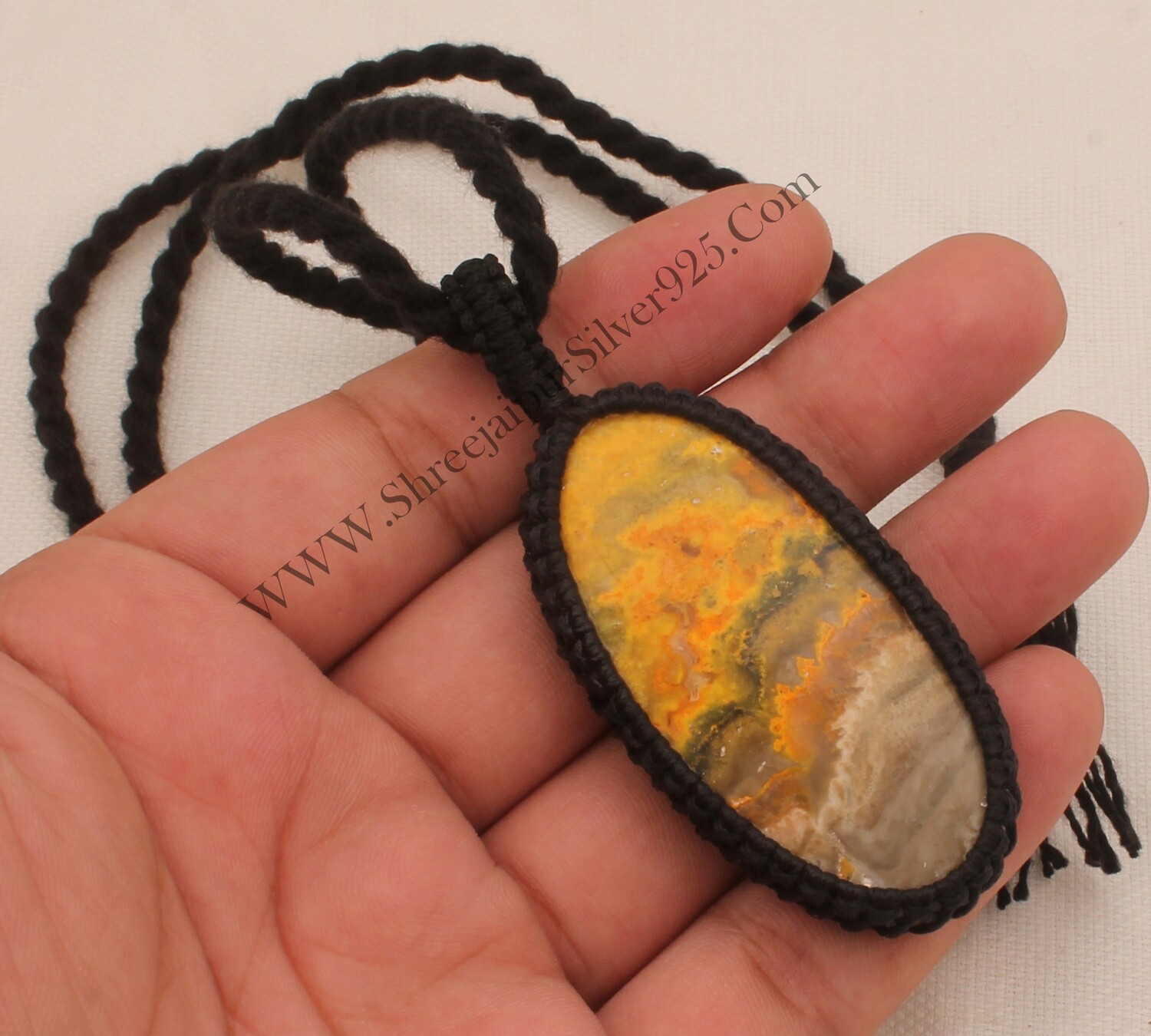 Bumble Bee Macrame Pendant Necklace Gifts For Her, Handmade Gemstone Macrame Jewelry Gifts Idea, Black Thread Oval Stone Bohemian Necklace
