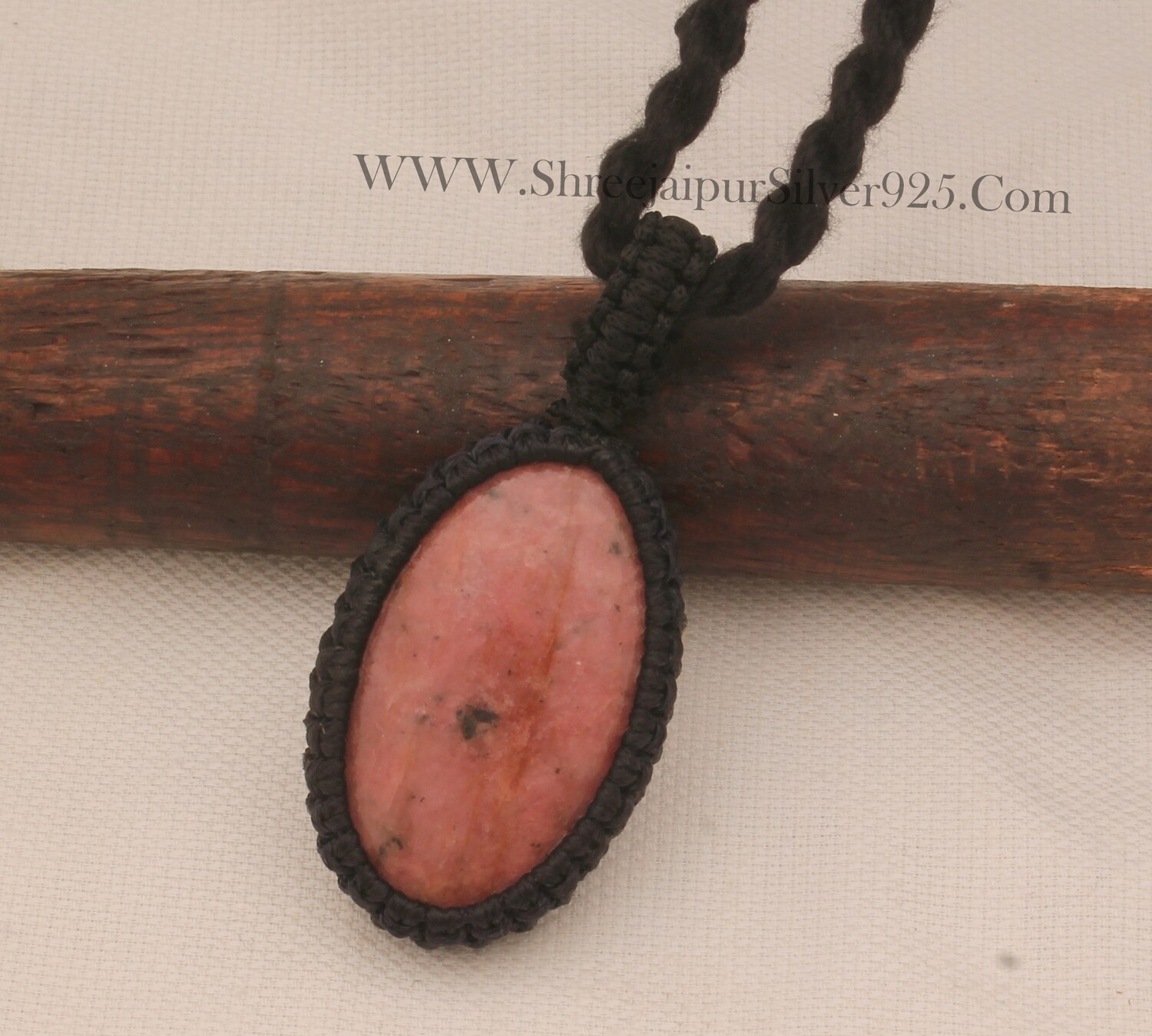 Thulite Macrame Pendant Necklace Gifts For Her, Handmade Gemstone Macrame Jewelry Gifts Idea, Black Thread Oval Gemstone Bohemian Necklace