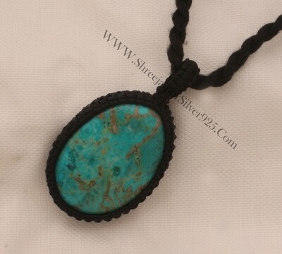 Chrysocolla Macrame Pendant Necklace Gifts For Her, Handmade Gemstone Macrame Jewelry Gifts Idea, Black Thread Oval Stone Bohemian Necklace