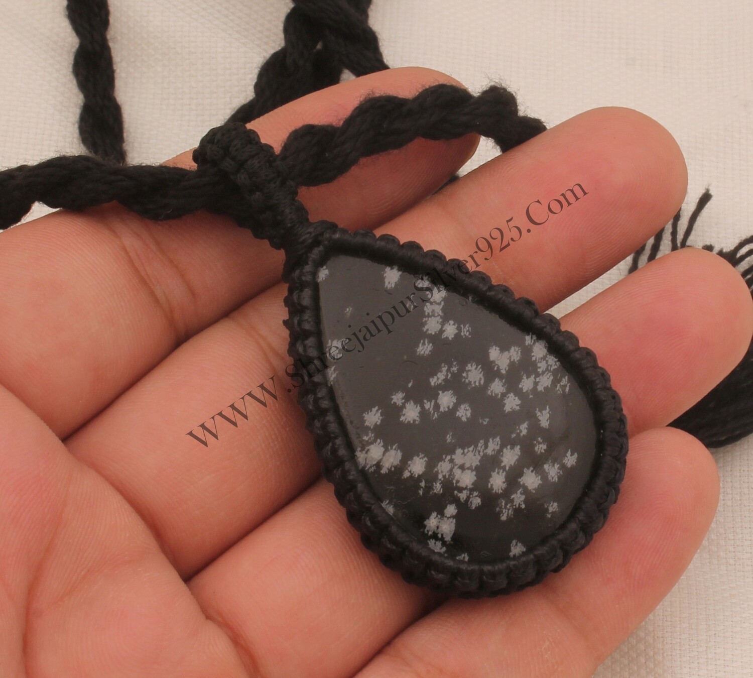 Snowflake Macrame Pendant Necklace Gifts For Her, Handmade Gemstone Macrame Jewelry Gifts Idea, Black Thread Pear Gemstone Bohemian Necklace