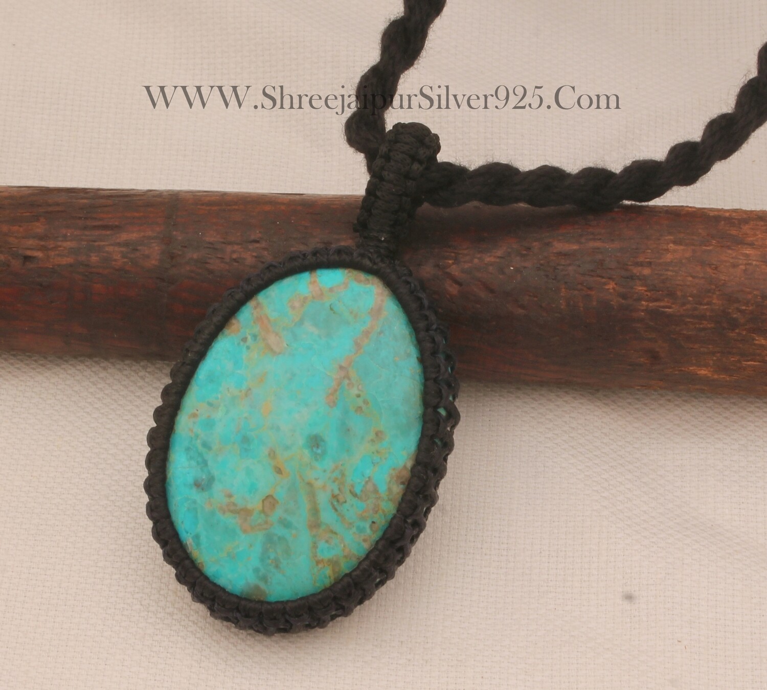 Chrysocolla Macrame Pendant Necklace Gifts For Her, Handmade Gemstone Macrame Jewelry Gifts Idea, Black Thread Oval Stone Bohemian Necklace