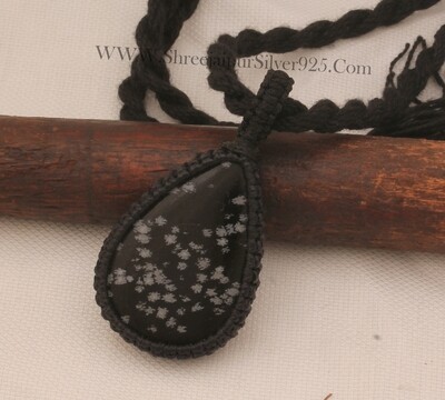 Snowflake Macrame Pendant Necklace Gifts For Her, Handmade Gemstone Macrame Jewelry Gifts Idea, Black Thread Pear Gemstone Bohemian Necklace
