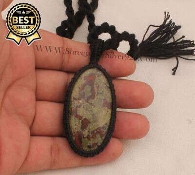 Dragon Jasper Macramé Pendant Necklace Gifts For Her, Handmade Gemstone Macramé Jewelry Gift Idea, Black Thread Oval Stone Bohemian Necklace