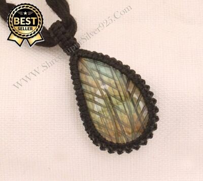 Handmade Gemstone Jewelry Gift Black Thread Pear Bohemian Necklace, Carving Labradorite Flashy Gemstone Pendant Necklace Gifts For Her