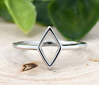 11mm Open Rhombus Shape Geometric Minimalist Sterling Silver Ring, Womens Rhombus Silver Ring