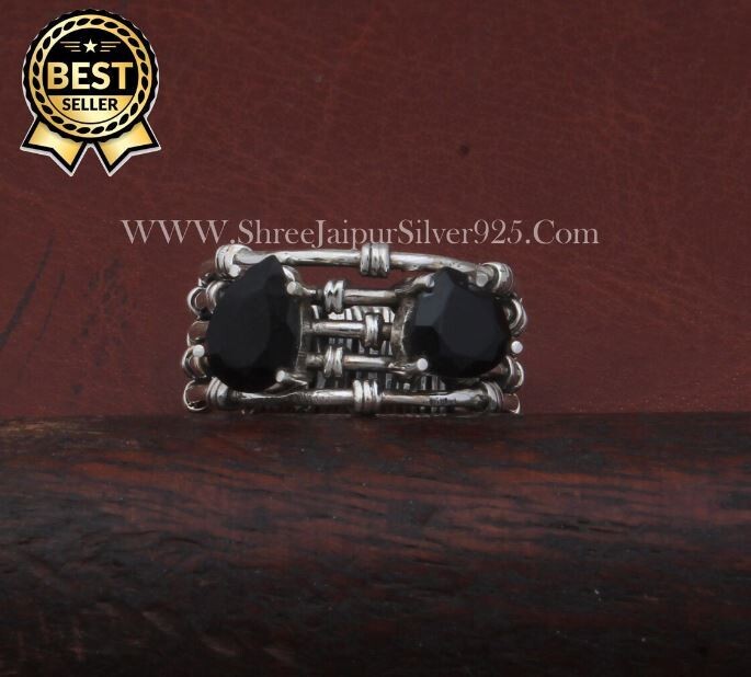 Pear & Heart Onyx 925 Sterling Silver Black Onyx Gemstone Ring, Designer Handmade Gemstone Silver Ring Multi Rings Silver Jewelry For Gift