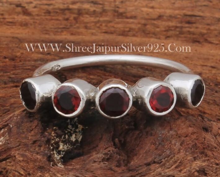Minimalist Five Garnet Gemstone's Rings, 925 Sterling Solid Silver Ring, Handmade Gemstone Jewelry Natural Red Garnet Combo Gemstone Ring