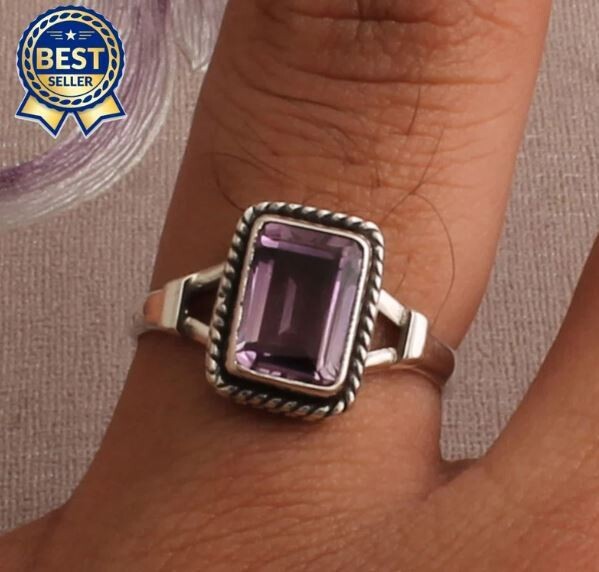 Purple Amethyst Silver Ring, 925 Sterling Silver Rectangle Shape Gemstone Ring, Designer Ring, Handcrafted Ring, Engagement Ring, Gift Idea