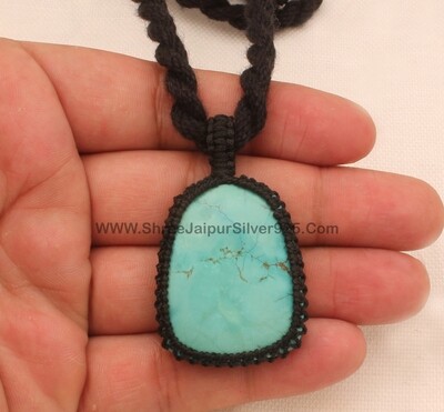 Turquoise Macrame Pendant Necklace Gifts For Her, Handmade Gemstone Macrame Jewelry Gifts Idea, Black Thread Gemstone Bohemian Necklace