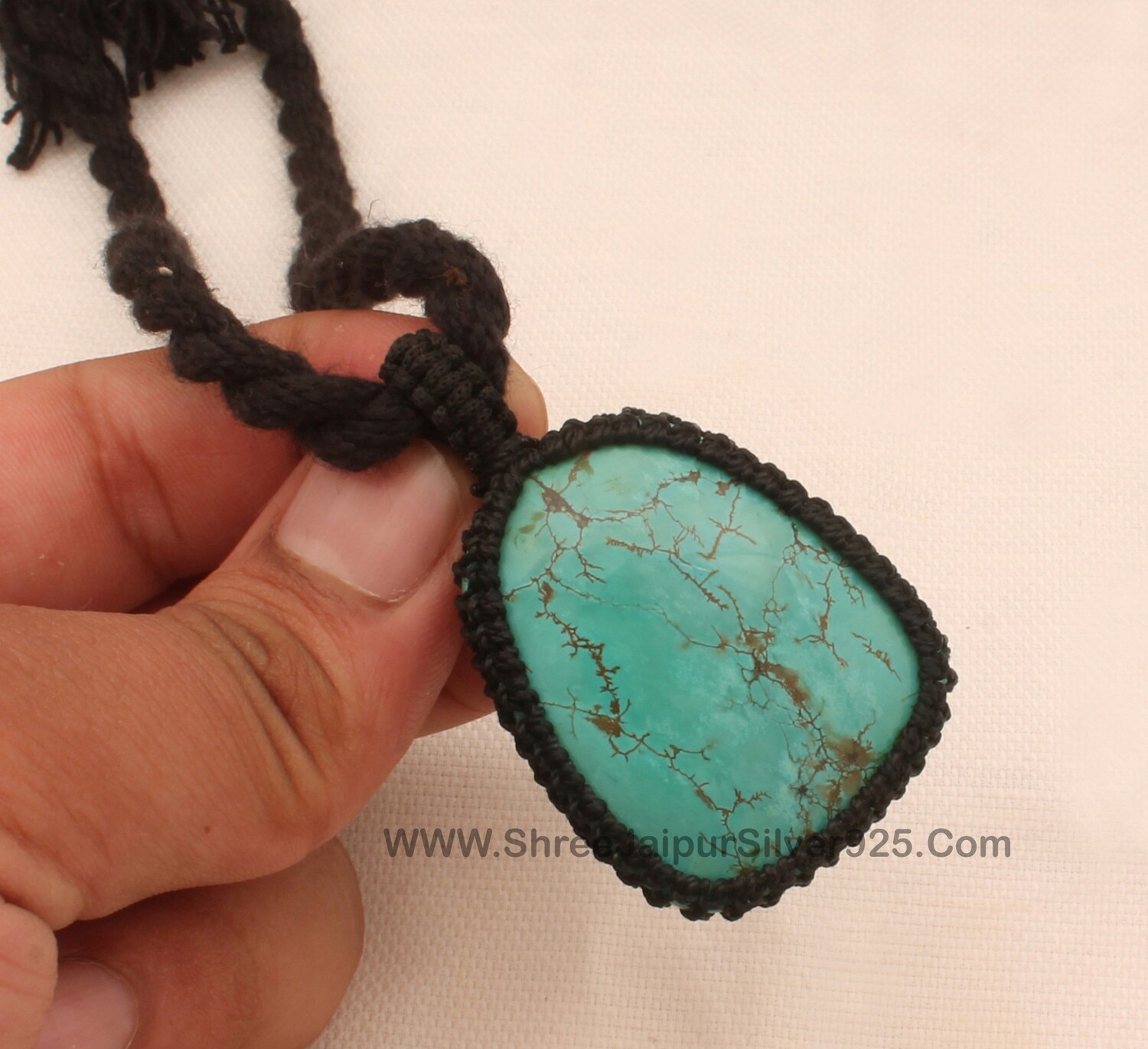 Tibetan Turquoise Macrame Pendant Necklace Gifts For Her, Handmade Gemstone Macrame Jewelry Gifts Idea, Black Thread Stone Bohemian Necklace
