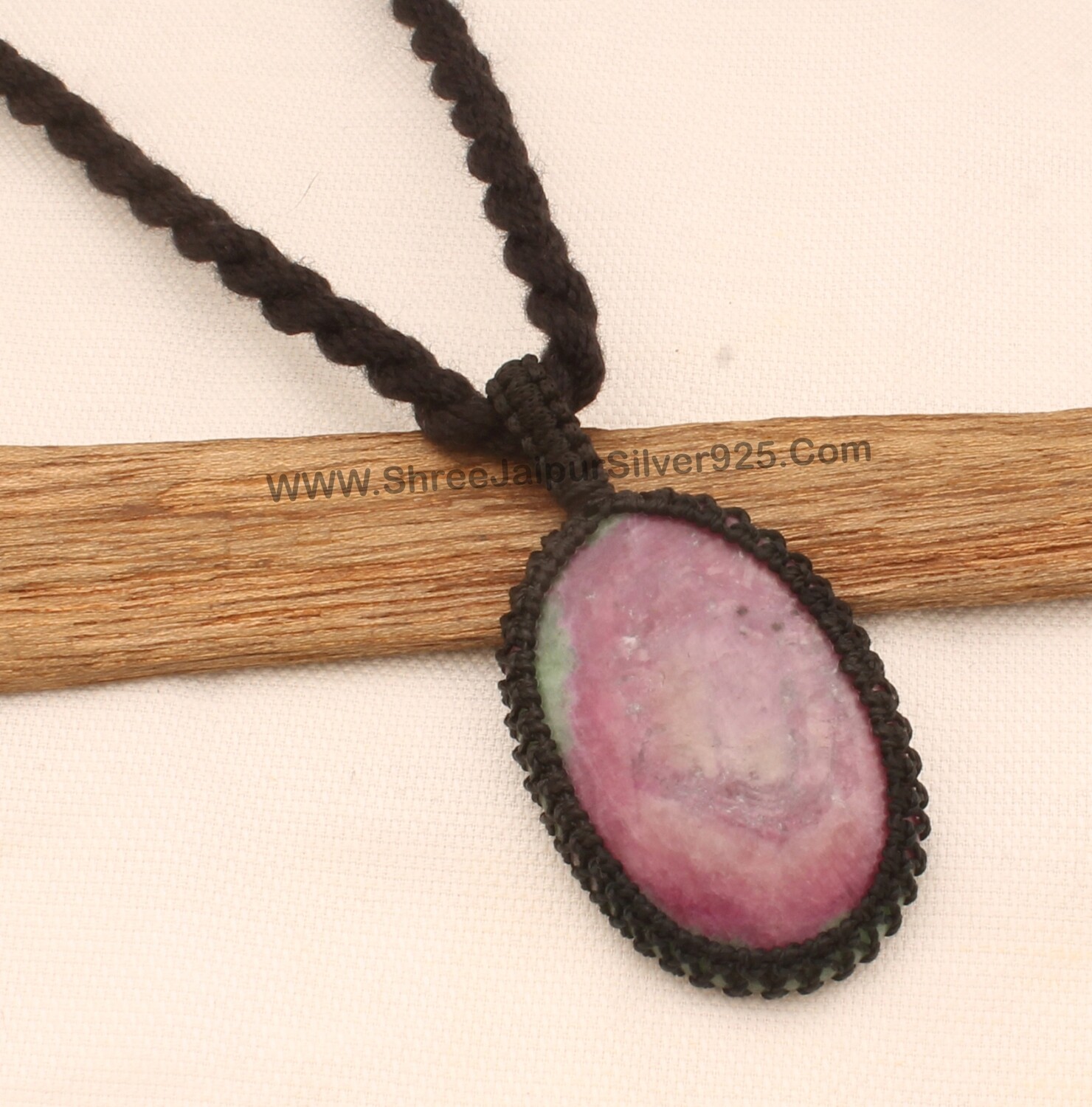 Ruby Zoisite Macramé Pendant Necklace Gift Women, Handmade Gemstone Macramé Jewelry Gifts Idea, Black Thread Oval Gemstone Bohemian Necklace