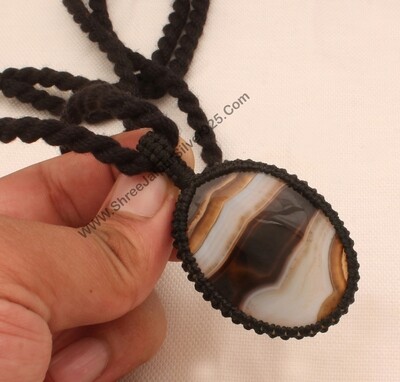 Banded Agate Macramé Pendant Necklace Gift For Her, Handmade Gemstone Macramé Jewelry Gifts Idea, Black Thread Gemstone Bohemian Necklace
