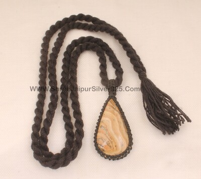 Picture Jasper Macramé Pendant Necklace Gift For Her, Handmade Gemstone Macramé Jewelry Gifts Idea, Black Thread Gemstone Bohemian Necklace