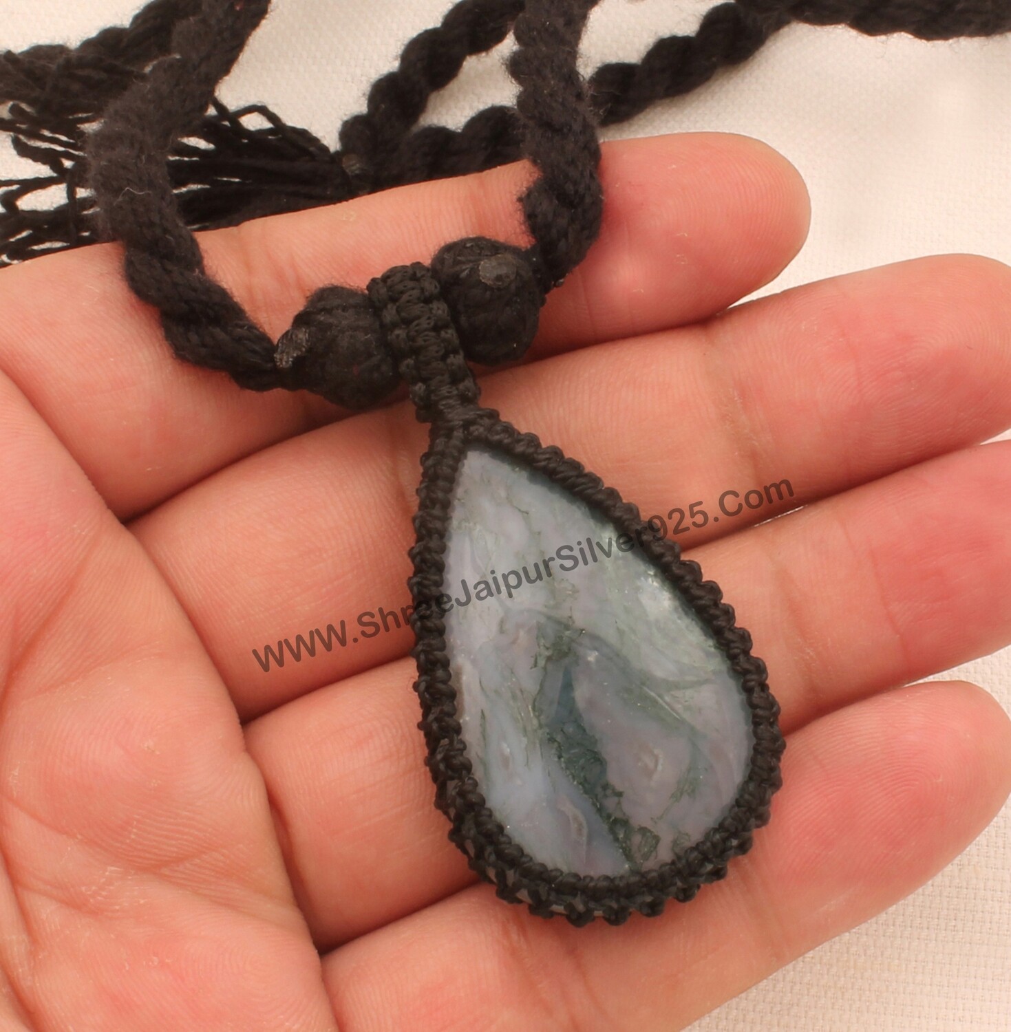 Moos Agate Macramé Pendant Necklace Gift For Her, Handmade Gemstone Macramé Jewelry Gifts Idea, Black Thread Natural Stone Bohemian Necklace