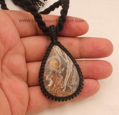 Crazy Lace Agate Macramé Pendant Necklace Gifts Her, Handmade Gemstone Macramé Jewelry Gifts, Black Thread Natural Stone Bohemian Necklace