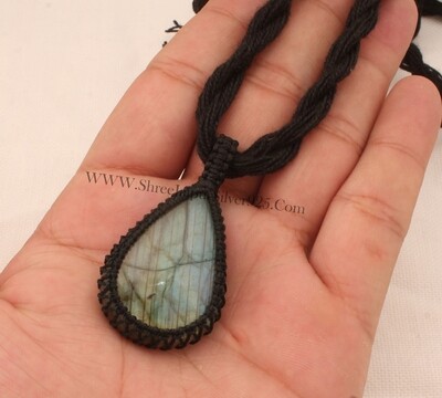Labradorite Flashy Gemstone Pendant Necklace Gifts For Her, Handmade Gemstone Labradorite Jewelry Gift Black Thread Pear Bohemian Necklace