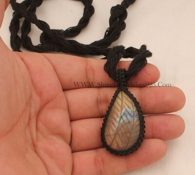 Carving Labradorite Flashy Gemstone Pendant Necklace Gifts For Her, Handmade Gemstone Jewelry Gift Black Thread Pear Bohemian Necklace