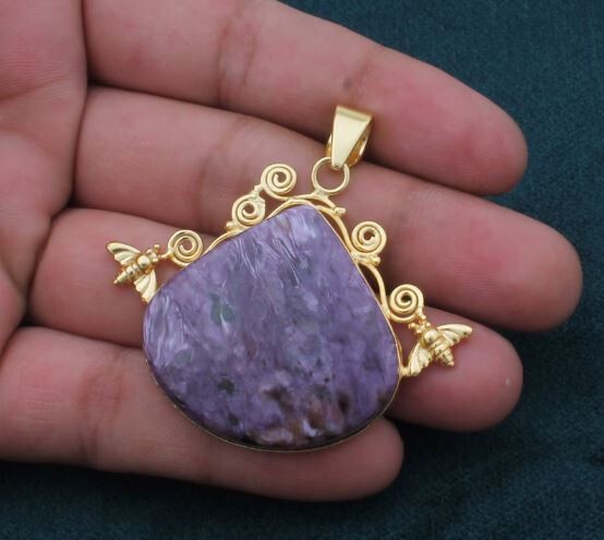 Charoite Pendant, Honey Bee Gemstone Pendant, 18K Gold Plated Pendant, Birthstone Pendant, Statement Pendant, Best Gift Idea