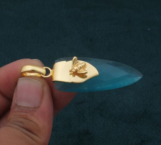 Dagger Apatite Blue Jade Pendant, 18K Gold Plated Honey Bee Pendant, Birthstone Pendant, Statement Brass Pendant Best Gift Idea For Her
